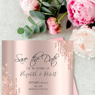 Chic Rose Gold Glitter Drips Save The Date