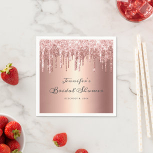 Chic Rose Gold Glitter Drips Script Bridal Shower Napkin