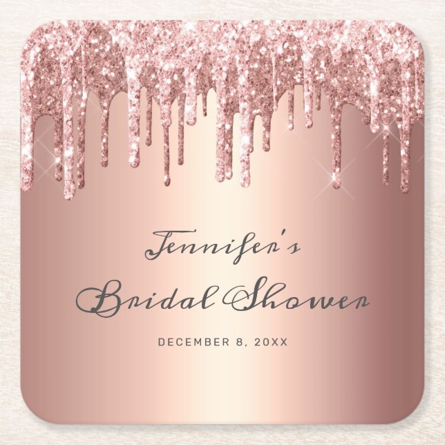 Chic Rose Gold Glitter Drips Script Bridal Shower Square Paper Coaster (Front)