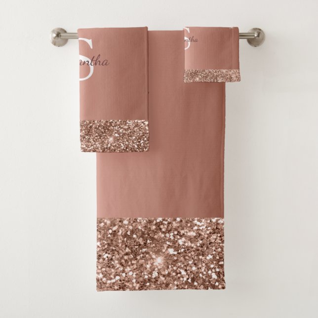 Chic Rose Gold Glitter Drips Sparkle Monogram Name Bath Towel Set (Insitu)