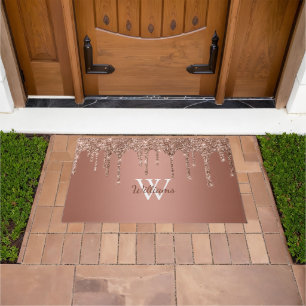 Chic Rose Gold Glitter Drips Sparkle Monogram Name Doormat