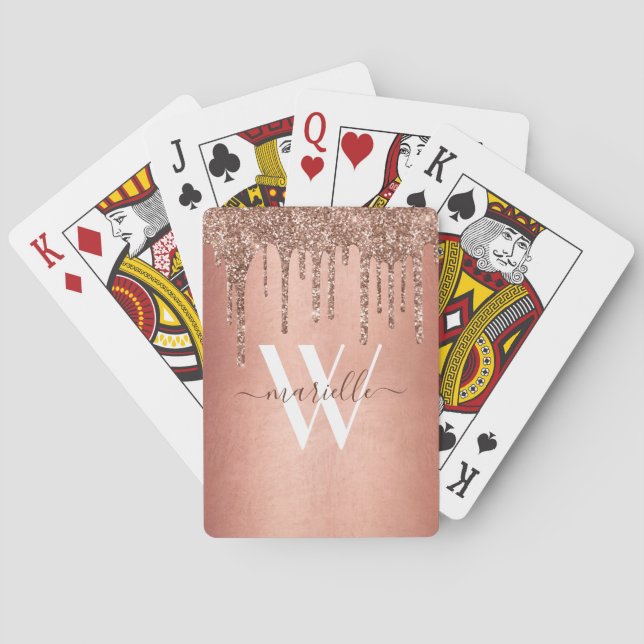 Chic Rose Gold Glitter Drips Sparkle Monogram Name Playing Cards (Back)
