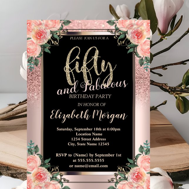 Chic Rose Gold Glitter Flowers 50th Birthday Party Invitation (Creator Uploaded)