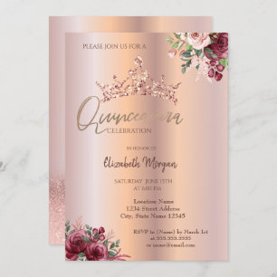 Chic Rose Gold Glitter Flowers Crown Quinceañera   Invitation