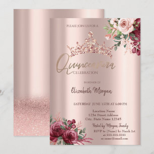 Chic Rose Gold Glitter Flowers Crown Quinceañera Invitation