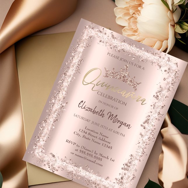 Chic Rose Gold Glitter Frame Crown Quinceañera   Invitation (Creator Uploaded)