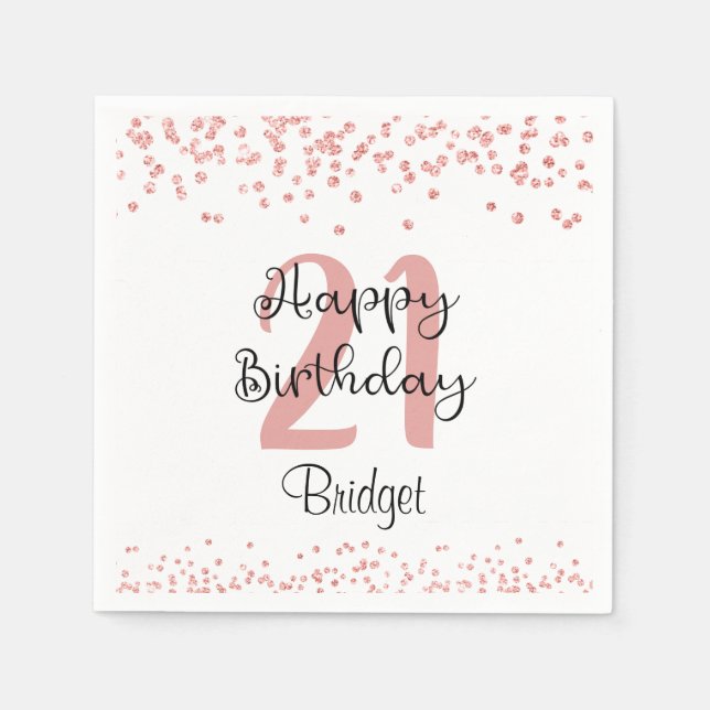 Chic Rose Gold Glitter HAPPY 21st BIRTHDAY Name Napkin (Front)