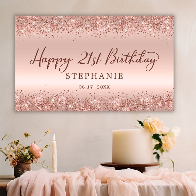 Chic Rose Gold Glitter Happy 21st Birthday Script  Banner (Creator Uploaded)