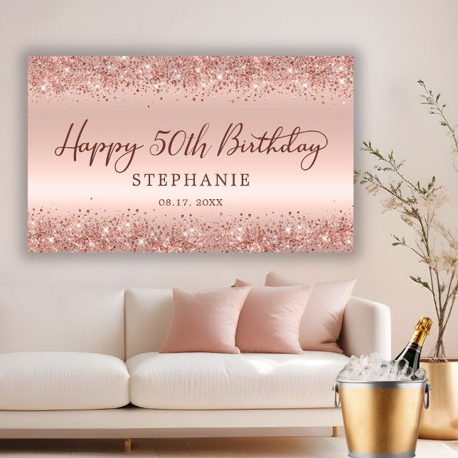 Chic Rose Gold Glitter Happy 50th Birthday Script  Banner (Creator Uploaded)
