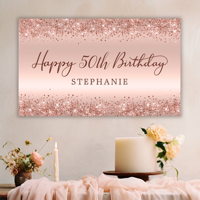 Chic Rose Gold Glitter Happy 50th Birthday Script  Banner (Creator Uploaded)