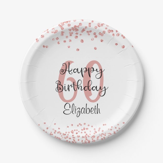 Chic Rose Gold Glitter HAPPY 60th BIRTHDAY Name Paper Plate (Front)