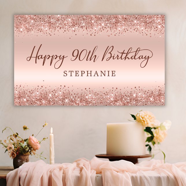 Chic Rose Gold Glitter Happy 90th Birthday Script  Banner (Creator Uploaded)