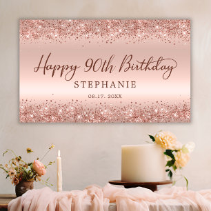 Chic Rose Gold Glitter Happy 90th Birthday Script Banner