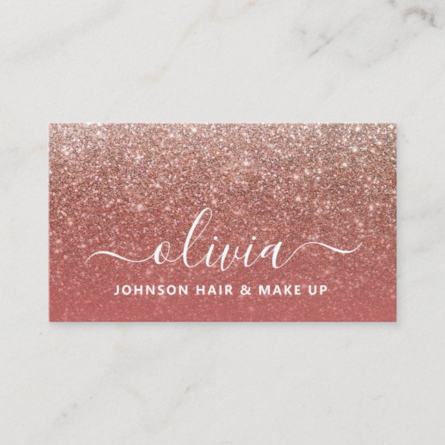 Chic Rose Gold Glitter Makeup Artist Hair Stylist Business Card (Front)
