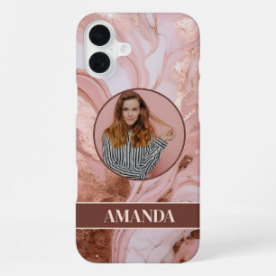Chic Rose Gold Glitter Marble Photo iPhone 16 Plus Case