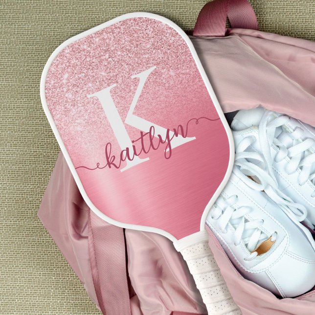 Chic Rose Gold Glitter Monogram Script Name Pickleball Paddle (Creator Uploaded)