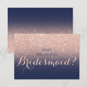 Chic rose gold glitter navy blue be my Bridesmaid Invitation