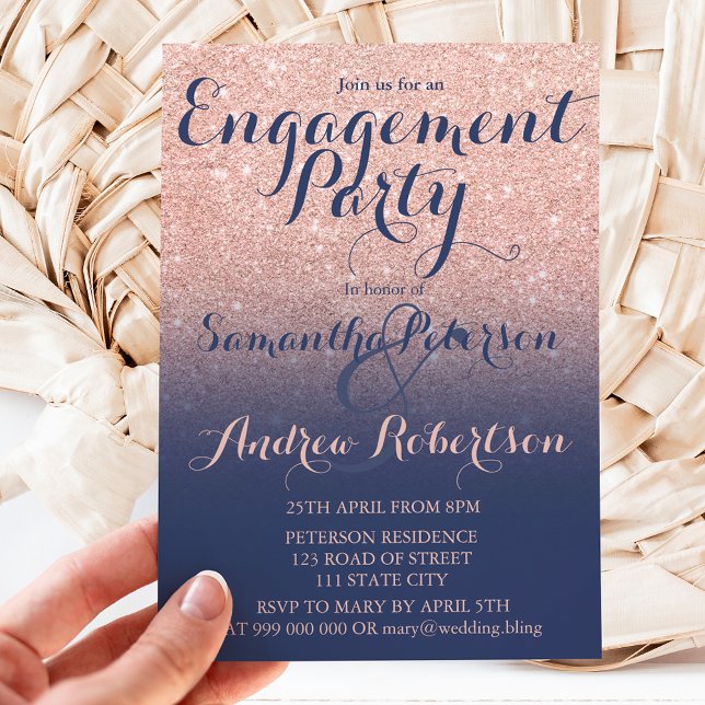 Chic rose gold glitter navy blue engagement party invitation (Creator Uploaded)