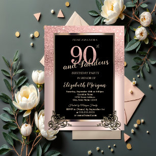 Chic Rose Gold Glitter Ombre 90th Birthday Party Invitation