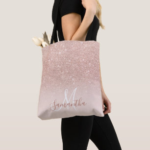 Chic rose gold glitter ombre pink block monogram tote bag