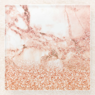 Chic rose gold glitter ombre pink glitter marble glass coaster