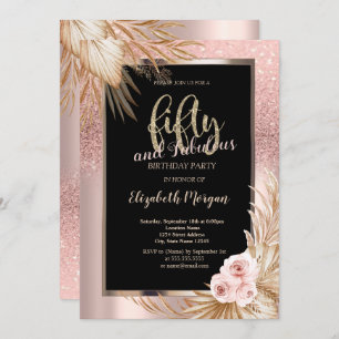 Chic Rose Gold Glitter Pampas Roses 50th Birthday Invitation