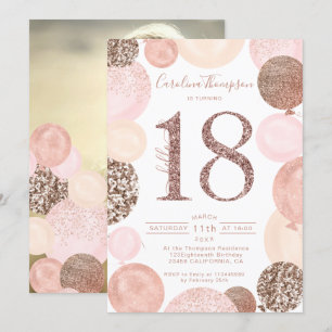 Chic rose gold glitter pink balloon photo 18th invitation