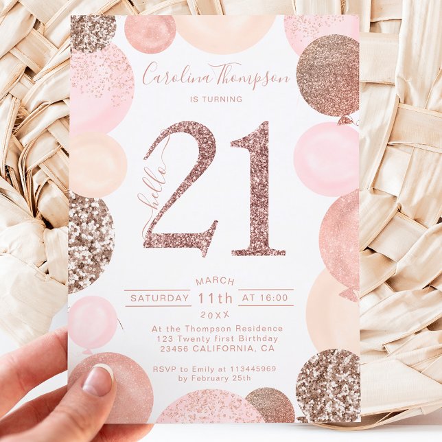 Chic rose gold glitter pink balloon photo 21st invitation (Creator Uploaded)