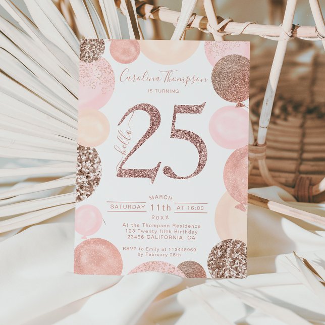 Chic rose gold glitter pink balloon photo 25th invitation (Creator Uploaded)