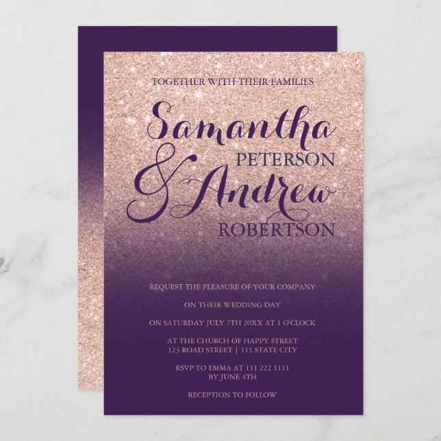 Chic rose gold glitter purple grape wedding invitation (Front/Back)