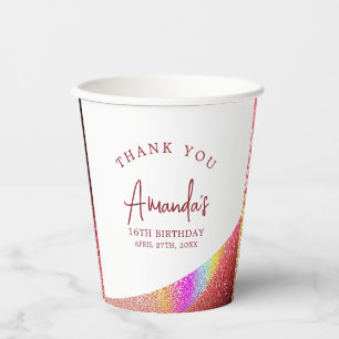 Chic Rose Gold Glitter Rainbow Sweet 16 Birthday Paper Cups