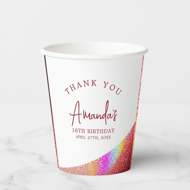 Chic Rose Gold Glitter Rainbow Sweet 16 Birthday Paper Cups (Front)