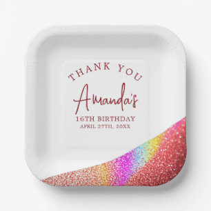 Chic Rose Gold Glitter Rainbow Sweet 16 Birthday Paper Plate