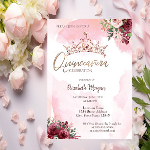 Chic Rose Gold Glitter Roses Crown Quinceañera Invitation