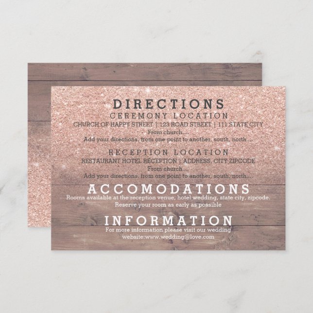 Chic rose gold glitter rustic wood details wedding invitation (Front/Back)