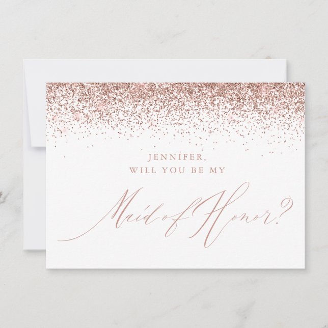 Chic Rose Gold Glitter Script White Maid of Honour Invitation (Front)