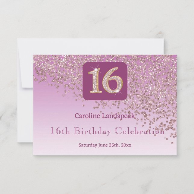 Chic Rose Gold Glitter, Sixteen Birthday RSVP (Front)