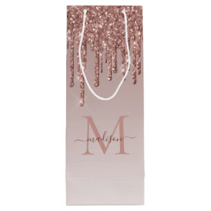 Chic Rose Gold Glitter Sparkle Drips Monogram Wine Gift Bag