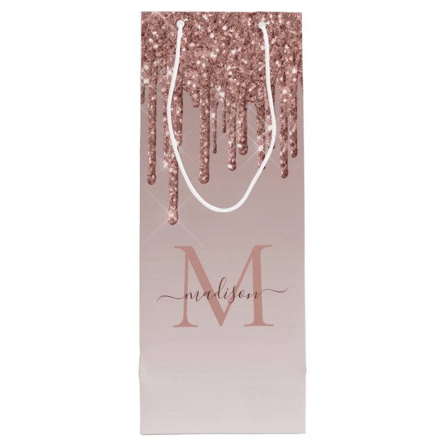 Chic Rose Gold Glitter Sparkle Drips Monogram Wine Gift Bag (Back)