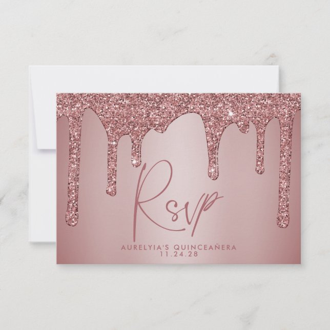 Chic Rose Gold Glitter Sparkle Quinceañera RSVP Card (Front)