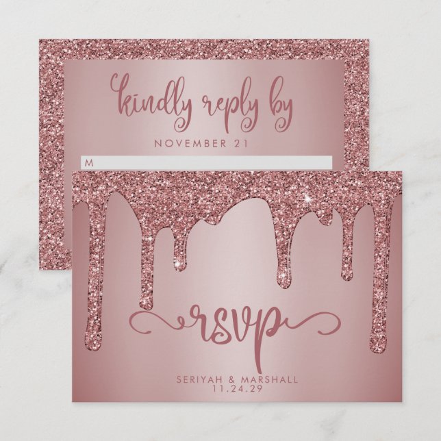 Chic Rose Gold Glitter Sparkle Wedding RSVP Card (Front/Back)