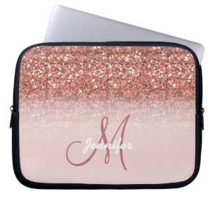 Chic Rose Gold Glitter Sparkles Girly Monogram Laptop Sleeve
