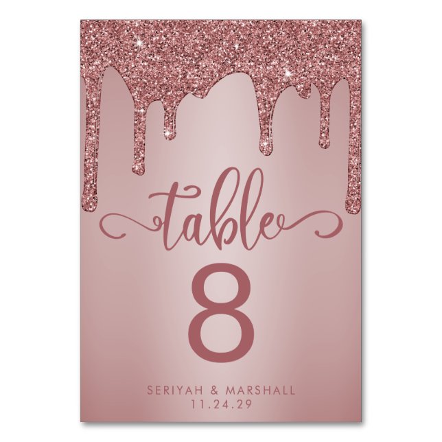 Chic Rose Gold Glitter Wedding Table Number (Front)