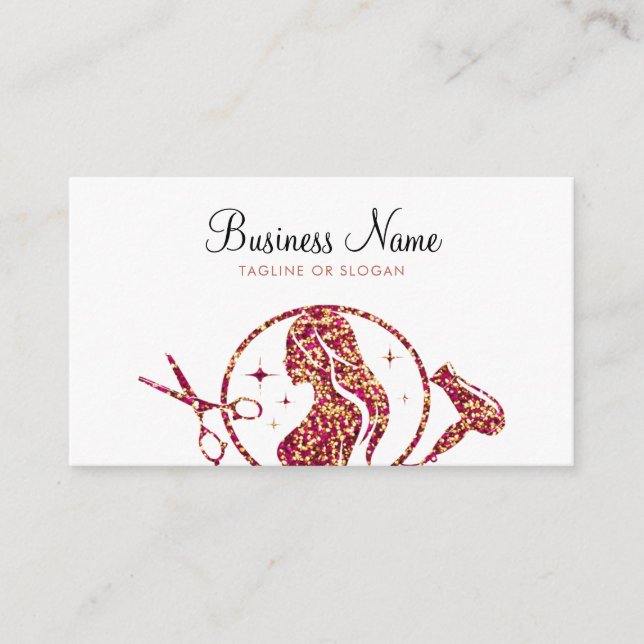 Chic Rose Gold Glitter Woman Hairdresser Appointment Card (Front)