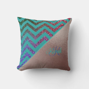 Chic Rose Gold Glittery Chevron Teal Green Name Cushion