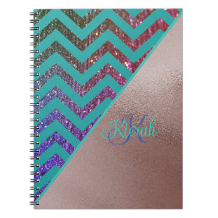 Chic Rose Gold Glittery Chevron Teal Green Name Notebook