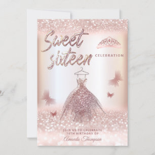 Chic Rose gold glittery dress butterfly tiara Invi Invitation