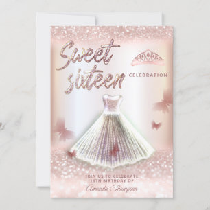 Chic Rose gold glittery dress butterfly tiara Invitation