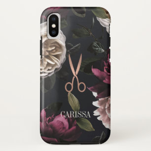 Chic Rose Gold Hairstylist Scissors on Dark Floral iPhone XS Case