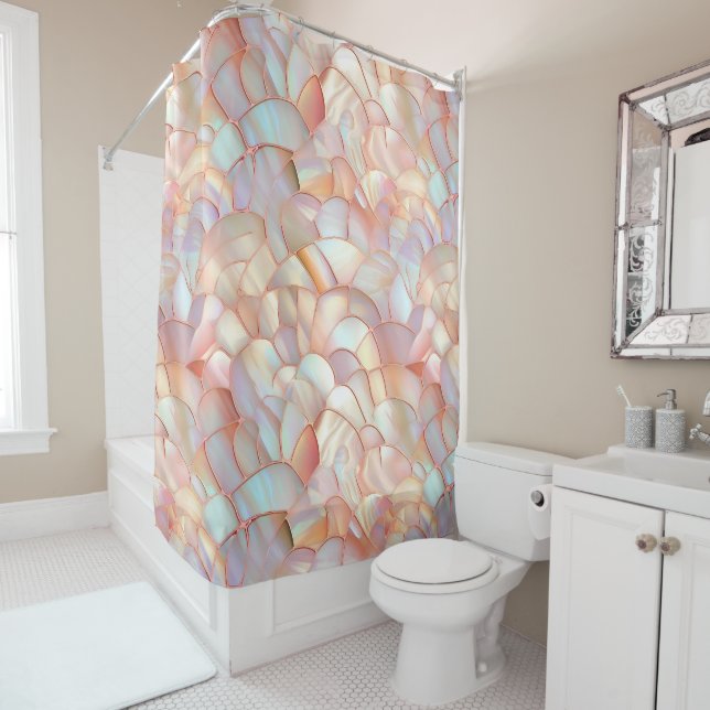 Chic rose gold iridescent mother of pearl shower curtain (In Situ)